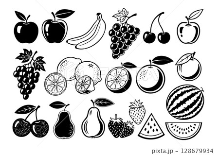 Collection of fresh fruit vector illustrations including apples, bananas, grapes, cherries, and citrus fruits. Food. 128679934