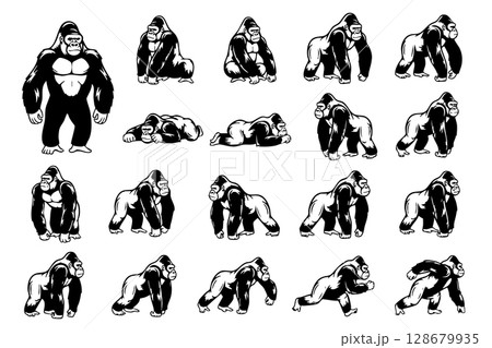 Collection of robust gorilla vector illustrations in diverse poses, perfect for wildlife and strength themes. Wildlife Animals. 128679935