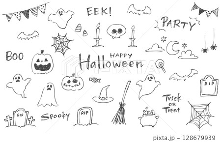 手書きのハロウィンイラストと文字のセット。ゆるい落書きスタイルの線画イラスト。 128679939
