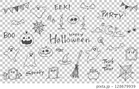 A set of hand-drawn Halloween illustrations and lettering. Loose doodle style line art illustrations. 128679939