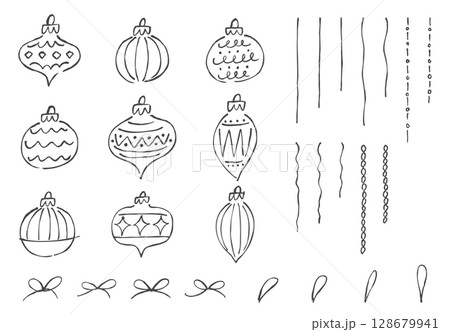 手描きのビンテージクリスマスオーナメントセット。ゆるい線画のクリスマス飾り。 128679941