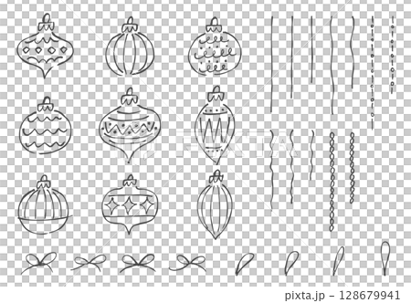 手描きのビンテージクリスマスオーナメントセット。ゆるい線画のクリスマス飾り。 128679941