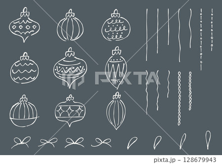 手描きのビンテージクリスマスオーナメントセット。暗い背景に白の線画。 128679943