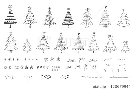 手描きのクリスマスツリーと装飾用素材のセット。ペンで描いた落書きスタイルの線画イラスト。 128679944