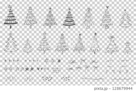 手描きのクリスマスツリーと装飾用素材のセット。ペンで描いた落書きスタイルの線画イラスト。 128679944