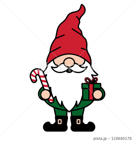 Christmas Gnome Holding Candy Cane and Gift Box Christmas Gnome Holding Candy Cane and Gift Box 128680178