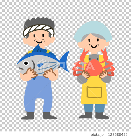Vector illustration of a fisherman/fishmonger holding seafood products Vector illustration of a fisherman/fishmonger holding seafood products 128680433