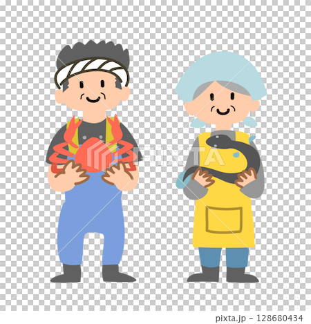 水産物を手に持っている漁師・魚屋さんのベクターイラスト 128680434