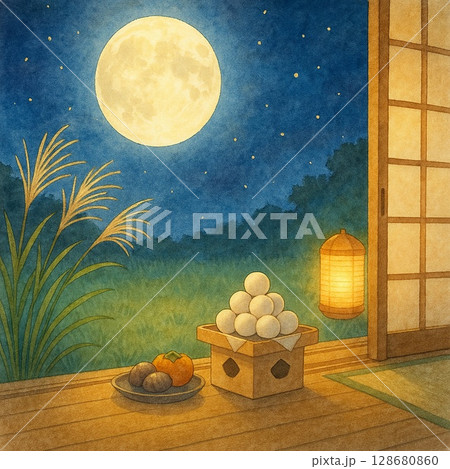 満月とススキに照らされる秋の夜の十五夜風景 128680860