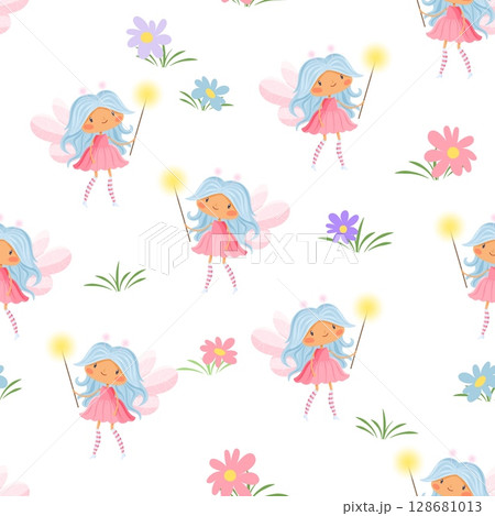 Seamless pattern with cute fairies, magic wands and colorful flowers 128681013