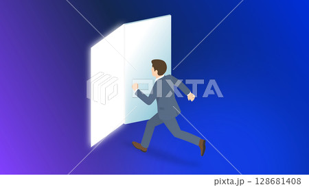 空間に開いたドアから飛び出すビジネスマンのイラスト 128681408