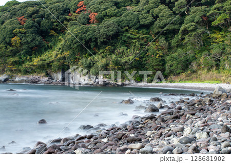 真鶴半島番場浦海岸の波打ち際と秋の岩場風景(神奈川県) 真鶴半島番場浦海岸の波打ち際と秋の岩場風景(神奈川県) 128681902