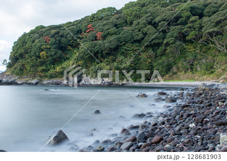 真鶴半島番場浦海岸の波打ち際と秋の岩場風景(神奈川県) 真鶴半島番場浦海岸の波打ち際と秋の岩場風景(神奈川県) 128681903