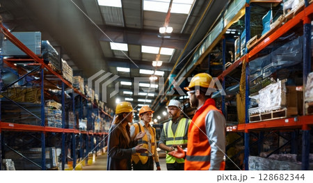 Multidisciplinary Team Collaborating on Problem-Solving in a Warehouse.Generated image 128682344