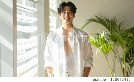 ブラインド越しの柔らかな光に包まれた男性 ブラインド越しの柔らかな光に包まれた男性 128682413