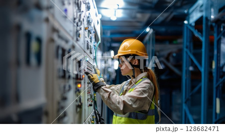 Female Electrician Installing Power Systems in a Warehouse.Generated image 128682471