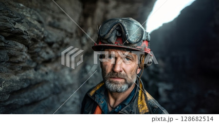 Portrait of a Miner Digging Underground with Helmet and Headlamp.Generated image 128682514