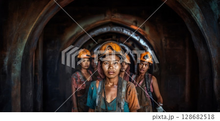 Portrait of Three Tired Female Miners Working Underground.Generated image 128682518