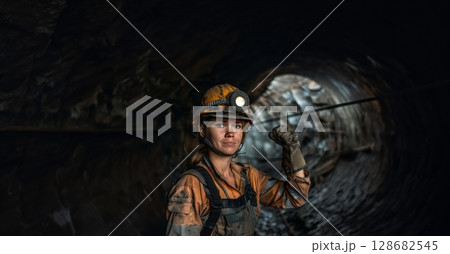Portrait of a Female Miner in Protective Gear and Helmet Underground.Generated image 128682545