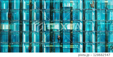 Female Cleaner in Protective Gear Cleaning Windows on High Rise Building.Generated image 128682547