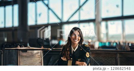 Smiling female pilot in uniform at the airport..Generated image 128682548