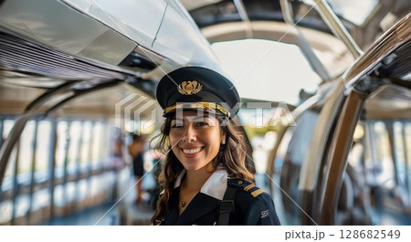 Portrait of a Young Female Pilot Smiling in Front of an Airplane.Generated image 128682549