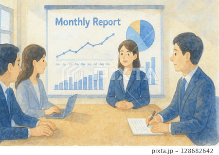 ビジネスチームによる月次報告ミーティングの様子 128682642