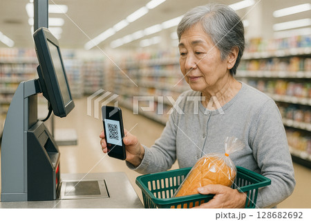 高齢女性のセルフレジQR決済｜スマホをかざす買い物風景 128682692
