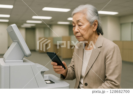 銀行ロビーでQR決済する高齢女性|キャッシュレス操作の一場面 銀行ロビーでQR決済する高齢女性|キャッシュレス操作の一場面 128682700