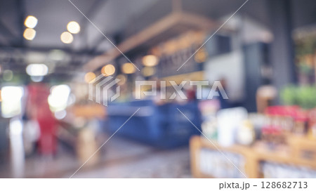 Blurry shopping mall background of store grocery. Blurred background shopping mall light bokeh business event retail store. Blur Convention hall center audience present display goods shelf products 128682713