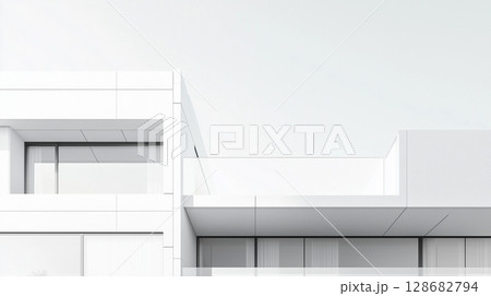 White modern contemporary architecture minimalist geometric construction building with sky 128682794