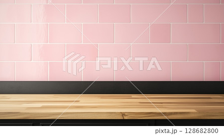 Copy space black wooden countertop, wall brick and kitchen decoration minimalist interior 128682800
