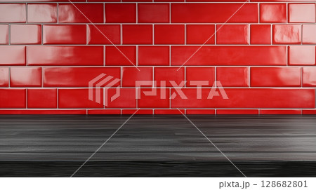 Copy space black wooden countertop, red wall brick and kitchen decoration minimalist interior 128682801