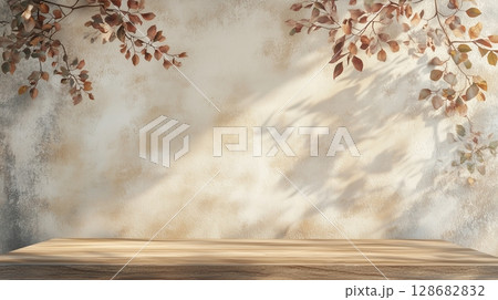 Minimalist wooden table against concrete textured beige wall with shadow light plant Minimalist wooden table against concrete textured beige wall with shadow light plant 128682832