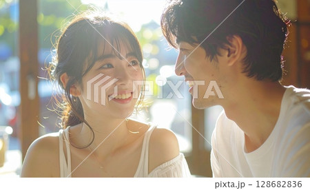 柔らかな光と笑顔が映えるカフェシーン 128682836