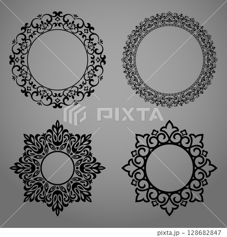 Set of decorative frames Elegant vector element for design in Eastern style, place for text. Floral black and gray borders. Lace illustration for invitations and greeting cards Set of decorative frames Elegant vector element for design in Eastern style, place for text. Floral black and gray borders. Lace illustration for invitations and greeting cards 128682847
