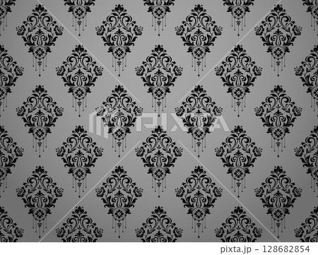 Wallpaper in the style of Baroque. Gray and black floral ornament. Seamless vector background. Graphic pattern for fabric, wallpaper, packaging. Ornate Damask flower illustration Wallpaper in the style of Baroque. Gray and black floral ornament. Seamless vector background. Graphic pattern for fabric, wallpaper, packaging. Ornate Damask flower illustration 128682854