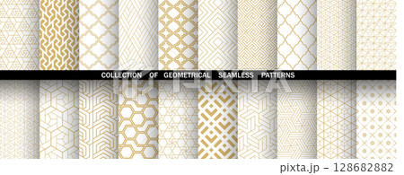 Geometric set of seamless golden and white patterns. Simple vector graphics Geometric set of seamless golden and white patterns. Simple vector graphics 128682882