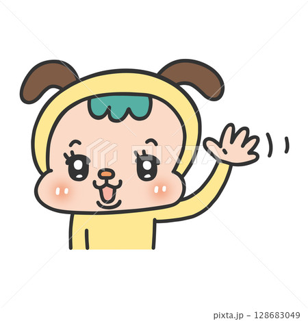 手を振るイヌの着ぐるみを着た人物 手を振るイヌの着ぐるみを着た人物 128683049