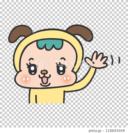 手を振るイヌの着ぐるみを着た人物 手を振るイヌの着ぐるみを着た人物 128683049