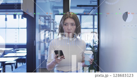 Image of asian businesswoman using smartphone over data processing Image of asian businesswoman using smartphone over data processing 128683123