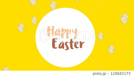 Image of happy easter in circle over easter eggs on yellow background 128683173