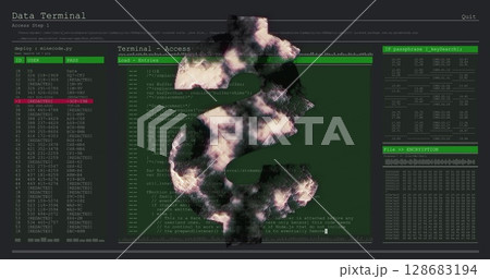 Dollar symbol spinning over computer interface with data processing against grey background Dollar symbol spinning over computer interface with data processing against grey background 128683194