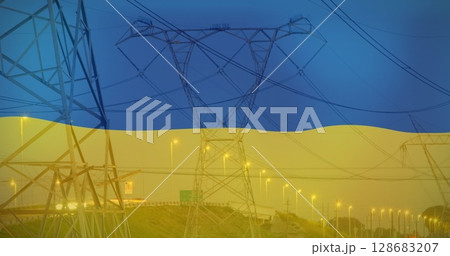 Image of flag of ukraine over pylons Image of flag of ukraine over pylons 128683207