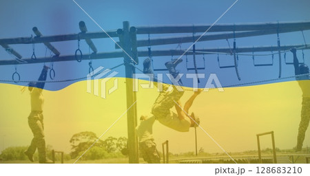 Image of diverse soldiers exercising over ukraine flag Image of diverse soldiers exercising over ukraine flag 128683210