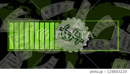 Image of dollar symbols over banknotes and world map on black background Image of dollar symbols over banknotes and world map on black background 128683220