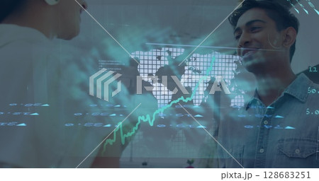 Stock market data processing over a world map against diverse office colleagues discussing at office Stock market data processing over a world map against diverse office colleagues discussing at office 128683251