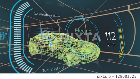 Image of speedometer over electric car project on navy background 128683325