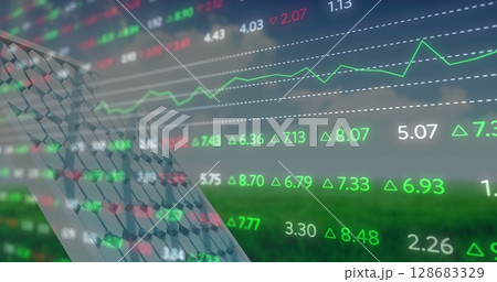 Image of financial data processing over solar panel 128683329