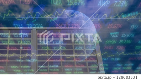 Image of financial data processing over globe and solar panel Image of financial data processing over globe and solar panel 128683331
